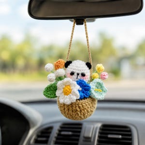 Crochet Panda Car Hanging Ornament, Handmade Flower Basket Rearview Mirror Charm, Cute Kawaii Car Decor, Panda Lover Gift