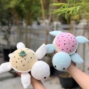 Crochet Watermelon Turtle Plushie, Handmade Stuffed Animal