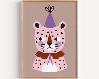 Nursery Wall Art Leopard, Animal Illustration with Party Hat, Cute Baby Room Decor, Kids Room Poster, Scandinavian Animal Print, pink