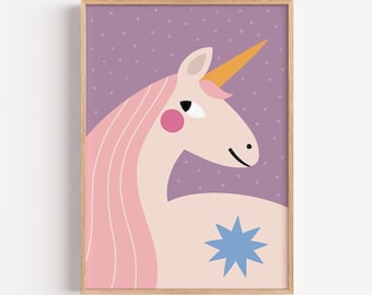 Cute Unicorn Poster, Kids Room Wall Art, Lilac Unicorn Illustration Print, Nursery Decor, Scandinavian Kids Art, Gift for Boys & Girls