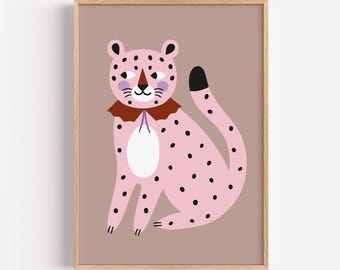 Pink Leopard Nursery Poster, Cute Animal Wall Art, Modern Safari Print, Baby Room Decor, Scandinavian Illustration, Kids Gift