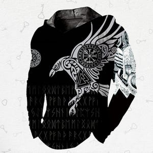 Viking Raven Hoodie | Norse Vegvisir Valknut Symbol | Norse Mythology Hoodie | Nordic Runes Pullover | Viking Warrior Gear