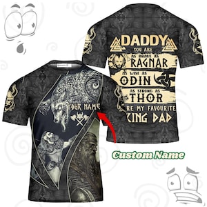 Custom Name Viking Dad Shirt – “Daddy, as Brave as Ragnar, Wise as Odin, Strong as Thor” Norse All-Over Print Tee, Father’s Day Gift