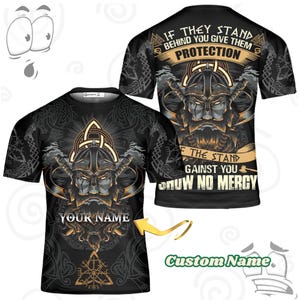 Custom Name Viking Shirt – “Protection / Show No Mercy” Norse Quote, All-Over Print Nordic Warrior Tee, Personalized Gift for Him