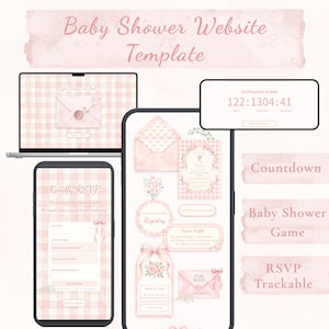 Könnte beinhalten: Eine Babyparty-Website-Vorlage auf einem Laptop und zwei Smartphones, mit einem hellrosa Vichy-Muster, Blumenillustrationen und Texten wie Baby Shower Website Template, Kindly RSVP und einem Countdown-Timer.