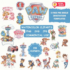 May include: A collection of watercolor clip art featuring characters and elements from Paw Patrol. Includes birthday-themed graphics, the Paw Patrol logo, and the text "236 Cliparts". Also includes the text "5 FREE PRE BUILD INVITATION TEMPLATES".