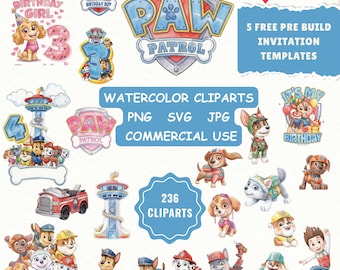 Paquete de imágenes PNG y SVG de Paw Patrol / 236 imágenes prediseñadas en acuarela (descarga digital) / PNG y SVG editables de Paw Patrol para cumpleaños