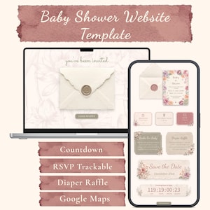 Baby in Bloom Baby Shower Website Template with RSVP | Dusty Rose and Sage Editable Animated Wildflower Invitation | Canva Digital Invite