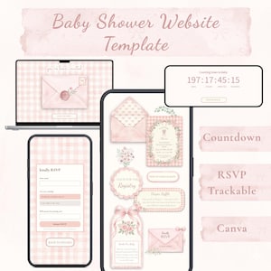 Op de afbeelding: Een baby shower website sjabloon weergegeven op een laptop en twee smartphones, met een lichtroze gingham achtergrond, bloemenillustraties, een RSVP-formulier, een afteltimer en tekst inclusief Baby Shower Website Template.