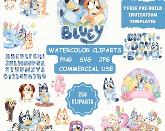 Bluey PNG SVG Bundle | 250 Watercolor Blue Dog Cartoon Clipart Party Designs | Bluey Font | Bluey Birthday PNG & Svg (Digital Download)