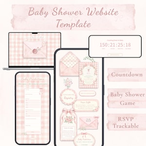 May include: A digital baby shower website template featuring a light pink gingham background. The design includes a countdown timer, RSVP tracking, and baby prediction game elements displayed on a laptop and smartphone screen with floral accents.