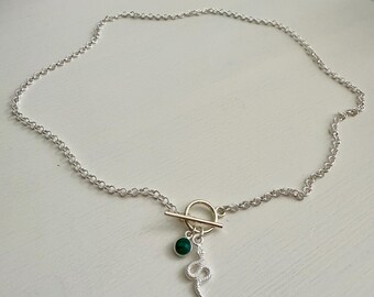 sterling silver snake and emerald charm rolo necklace with toggle and bar clasp