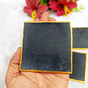 Modern Black Agate Coaster with Gold Trim - 3.5-4 Inch Square Crystal Slice | Luxury Table Decor & Unique Gift