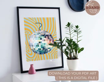 Desenho à mão de uma bola de discoteca, arte de parede imprimível para decoração de casa, pôster de bola de discoteca rosa, arte estética para download digital.