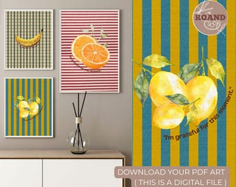 Arte de parede para cozinha com tema de frutas retrô para imprimir