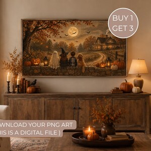 Puede incluir: Una impresión de arte digital que muestra una escena de Halloween con un fantasma, una bruja, un esqueleto y un perro sentados en un muro de piedra bajo la luna llena. El texto dice BUY 1 GET 3 y DOWNLOAD YOUR PNG ART ( THIS IS A DIGITAL FILE ).