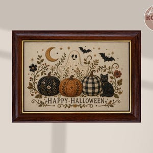 Cottagecore Ghost Pumpkin Wall Art, Embroidery Style Printable | Vintage Halloween Digital Download