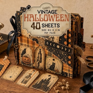 Puede incluir: Una colección de 40 hojas de papel con temática de Halloween vintage, con patrones en negro y naranja, calabazas, gatos y casas encantadas. El set incluye etiquetas y bolsillos, con el texto VINTAGE HALLOWEEN 40 SHEETS SIZE 8.5 X 11 IN PDF FILES.