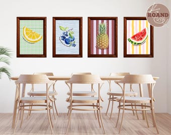 Fruit Poster Printable Set of 4 | Watercolor Kitchen Wall Art | Mid Century Modern Decor