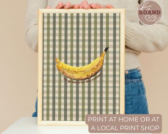 Arte de parede com bananas | Decoração listrada para cozinha | Estilo fazenda vintage | Decoração retrô de natureza morta com alimentos | Download digital