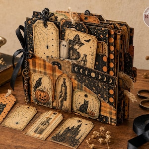 May include: A Halloween-themed junk journal featuring a black ribbon closure and multiple pockets filled with decorative tags. The paper elements display vintage-style illustrations of a witch, a pumpkin, a black cat, a spider web, and a haunted house in shades of black, orange, and tan.