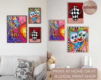 Conjunto de arte de parede para sala de estar, coleção vibrante de 3 peças com estilo maximalista, ideal para renovar a decoração do seu apartamento.