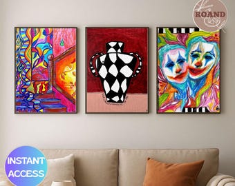 Conjunto de 3 peças para decoração de parede de apartamento, imprimíveis, para galeria de fotos, ideal para renovar seu estúdio criativo ou escritório com estilo maximalista.