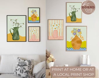 Conjunto de 3 pôsteres florais boho para imprimir | Arte de parede com estampa de vaso para decoração inspiradora | Arte de parede colorida e marcante