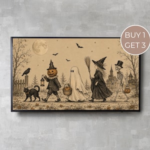 Puede incluir: Una impresión de arte mural rectangular sobre un fondo beige que muestra una escena de Halloween con una figura con cabeza de calabaza, un fantasma, una bruja y un esqueleto caminando junto a una valla y árboles bajo una luna llena. El texto BUY 1 GET 3 aparece en un círculo.