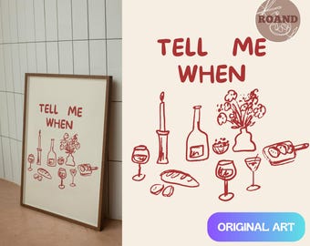 Arte de parede engraçada para cozinha para imprimir – diga-me quando jantar com vinho minimalista – pôster digital para download na vertical.