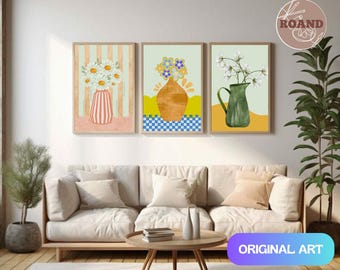 Conjunto de 3 peças de arte de parede com vasos florais para decoração de dopamina | pôster imprimível maximalista | arte de parede colorida e marcante