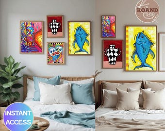 Colorful gallery wall decor, living room statement art set
