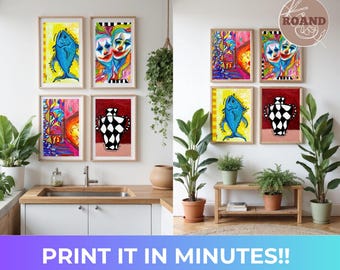 Conjunto de arte de parede para sala de estar, decoração maximalista colorida para imprimir, download digital.