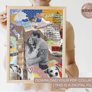 Puede incluir: Un collage enmarcado con una pareja, monumentos emblemáticos como el Big Ben y la Torre de Pisa, y un perro. La obra de arte incorpora diversas texturas y colores, con el texto "DOWNLOAD YOUR PDF COLLAGE (THIS IS A DIGITAL FILE)".