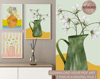 Conjunto de 3 pôsteres decorativos para parede com tema neutro de dopamina | pôster de vaso floral delicado | galeria de parede minimalista