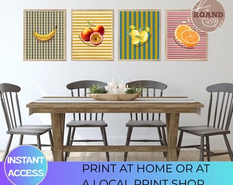 Conjunto de 4 pôsteres retrô de frutas para decoração de parede | Pôster maximalista para cozinha | Arte de parede colorida e impactante