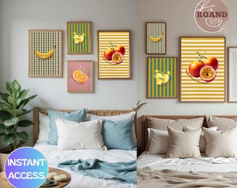Conjunto imprimível de arte de parede para cozinha com tema retrô de frutas