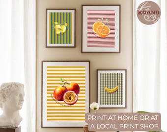 Conjunto de 4 pôsteres decorativos retrô para parede de cozinha | pôsteres coloridos de frutas para parede | galeria de decoração para parede que estimula a dopamina
