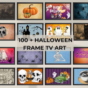 Puede incluir: Una colección de más de 100 obras de arte digitales con temática de Halloween en marcos negros, que presentan diversas ilustraciones que incluyen calabazas, calaveras, fantasmas, arañas, gatos negros, esqueletos y texto festivo.