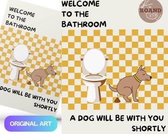 Arte de parede para banheiro para imprimir, placa engraçada de cachorro para banheiro, pôster moderno em xadrez, download instantâneo, decoração minimalista.