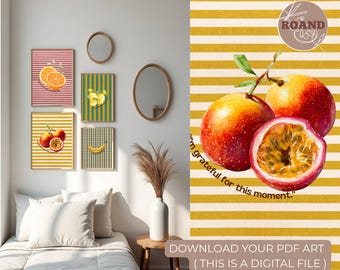 Conjunto de 4 pôsteres de frutas para parede, estilo maximalista | Decoração para cozinha que estimula a dopamina | Arte de parede colorida e marcante
