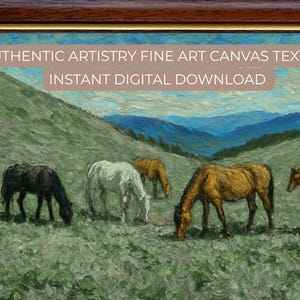 Puede incluir: Una pintura al óleo de caballos pastando en un campo verde, con colinas y montañas onduladas en el fondo. La obra de arte tiene un efecto de lienzo texturizado e incluye el texto "AUTHENTIC ARTISTRY FINE ART CANVAS TEXTURE INSTANT DIGITAL DOWNLOAD."