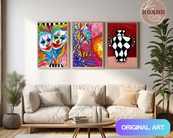 Conjunto de quadros coloridos e maximalistas para sala de estar, para impressão, download digital.