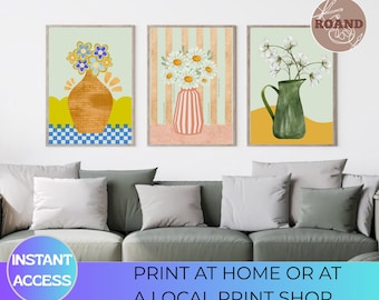 Conjunto de quadros para sala de estar com estampa floral retrô para imprimir | Decoração para parede que estimula o apetite | Conjunto de 3 peças para parede de galeria