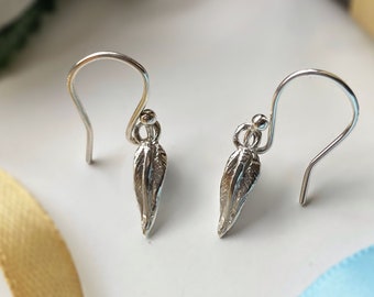 Tiny simple leaf dangly hook earrings, sterling silver