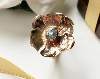 Flamboyant yellow gold floral rose statement cocktail ring set with beautiful Blue Topaz. UK size 'N' USA size '6.5', Hallmarked