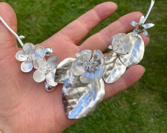 Quince and Apple Blossom botanical statement necklace, hand forged one-time piece, flower jewellery, floral necklace