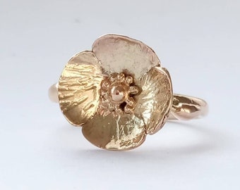 Pretty and beautifully detailed Poppy floral ring,perfect for a flower lover, hand forged in 9 ct yellow gold
