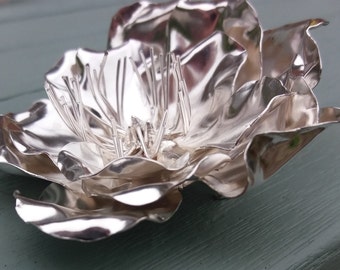 Peony statement piece brooch, gorgeous flamboyant sterling silver hand forged one off piece