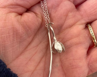 A perfect single snowdrop pendant, a botanical study of Galanthus, so pretty and unusual and made by hand in sterling silver